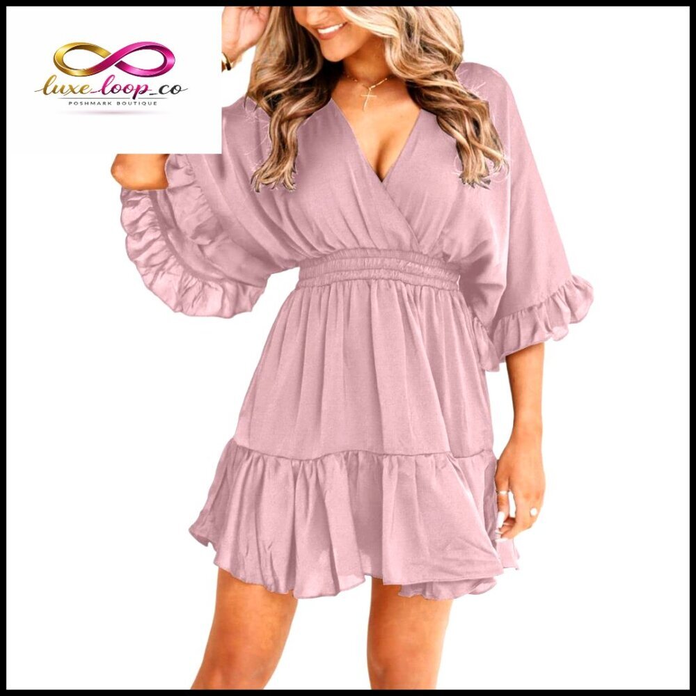 V-Neck Mini Dress with Ruffle Hem, High Waist, Loose Fit for Summer Casual